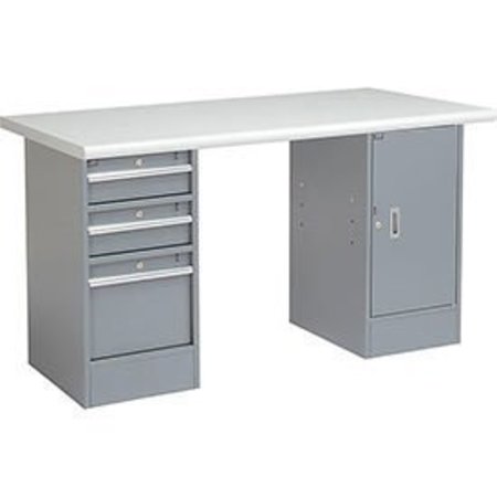 GLOBAL EQUIPMENT 72 x 30 Pedestal Workbench 3 Drawers   1 Cabinet, Laminate Safety Edge Gray 607649